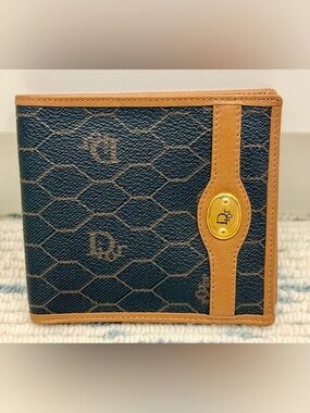 DIOR Vintage Unisex Icon Brown Honeycomb Monogram Canvas Leather Bifold Wallet